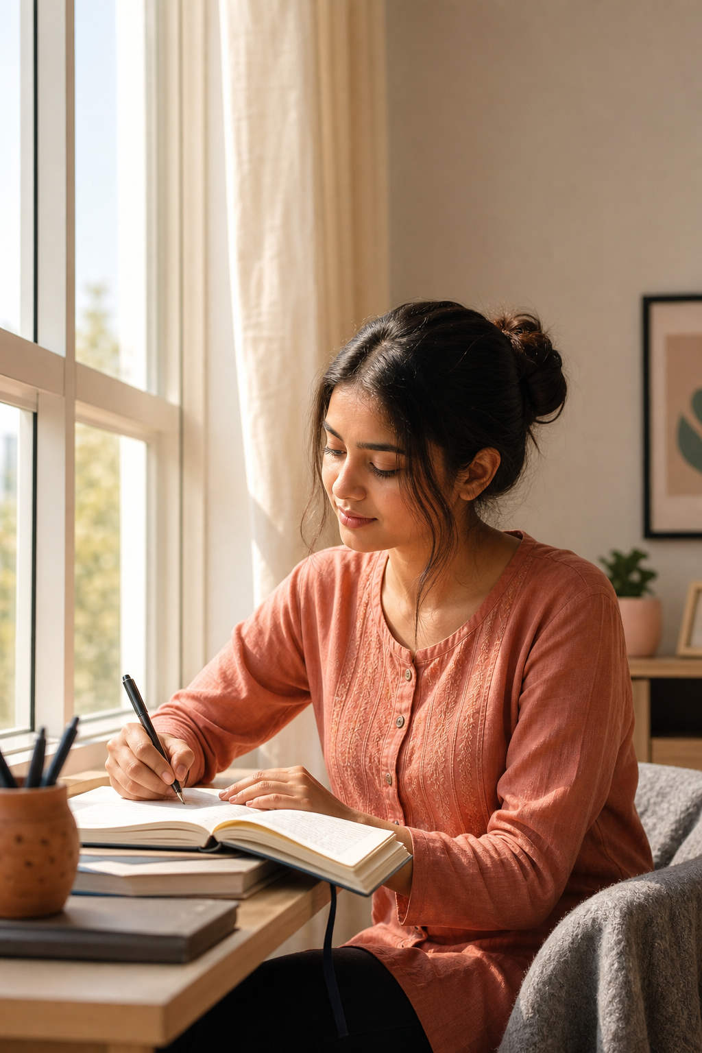 Student studying peacefully in a warm, well-lit room